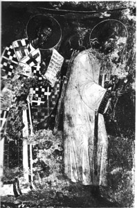 Архангел и Иоанн Златоуст. Фреска церкви Периблепты в Мистре. Конец XIV в.